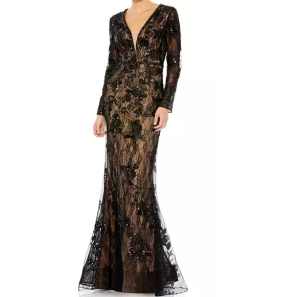 MAC DUGGAL | Floral Embellished Lace Trumpet Dress - Picture 7 of 9